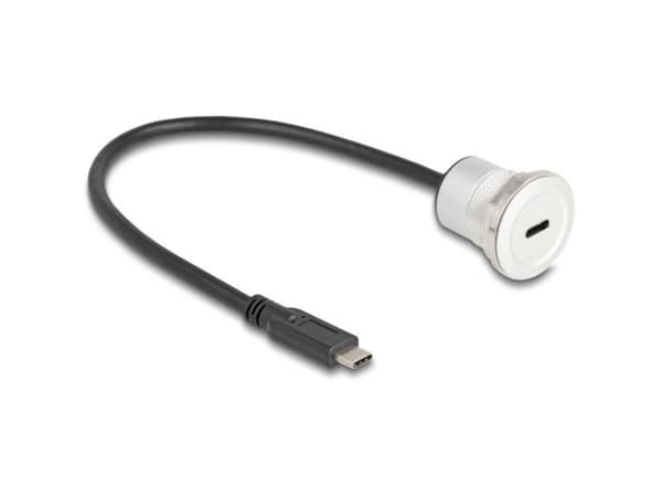 Delock - USB-förlängningskabel - 24 pin USB-C (hane) till 24 pin USB-C (hona) kan monteras på panel - 30 cm - M22-gänga - svart, silver