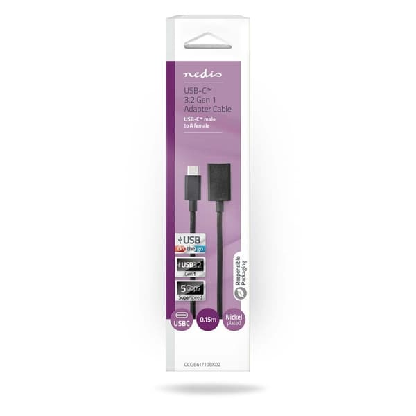 Nedis USB-C™ Adapter | USB 3.2 Gen 1 | USB-C™ Hane | USB-A Hona | 5 Gbps | 0.15 m | Rund | Nickelplaterad | PVC | Svart | Låda