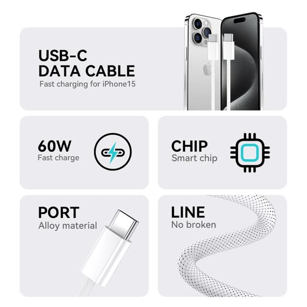 60W USB-C To USB-C PD Snabbladdning kabel iPhone15/16, Samsung