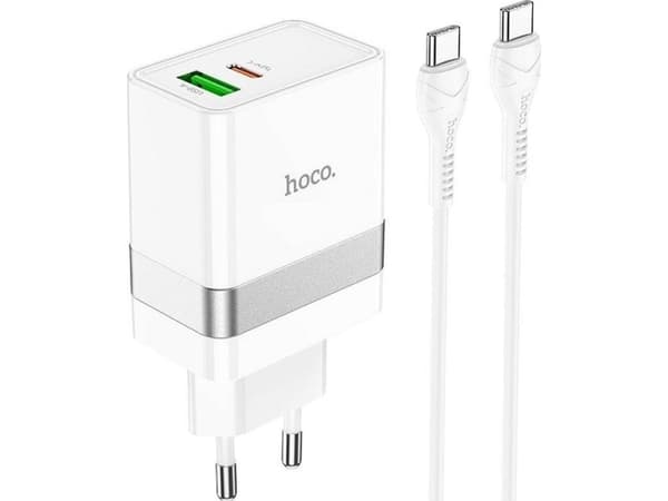 Hoco lader HOCO vegglader USB A + Type C + kabel Type C til Type C PD QC3.0 3A 30W N21 hvit