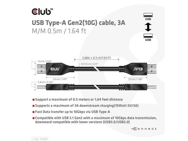 CLUB3D CAC-1409, 0,5 m, USB A, USB A, USB 3.2 Gen 2 (3.1 Gen 2), 10 Gbit/sek., Sort