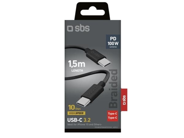 SBS USB-C 3.2 100W PD opladnings- og datakabel. 1.5m. Sort