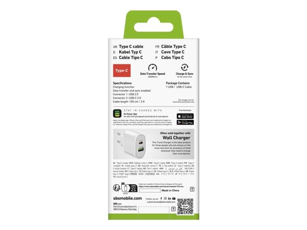 SBS TECABLEMICROC10W, 1 m, USB A, USB C, USB 2.0, 0,48 Gbit/sek., Hvit