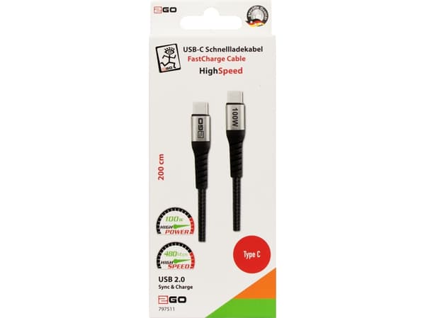 2GO 797511, 2 m, USB C, USB C, USB 2.0, 0,48 Gbit/s, Svart, Silver