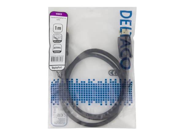 Deltaco DisplayPort DP1.4 Flex-kabel, 1 m, svart, 1 m, DisplayPort, DisplayPort, Hankoppling, Hankoppling, 7680 x 4320 pixlar