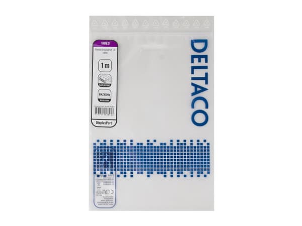 Deltaco DisplayPort DP1.4 Flex-kabel, 1 m, svart, 1 m, DisplayPort, DisplayPort, Hankoppling, Hankoppling, 7680 x 4320 pixlar