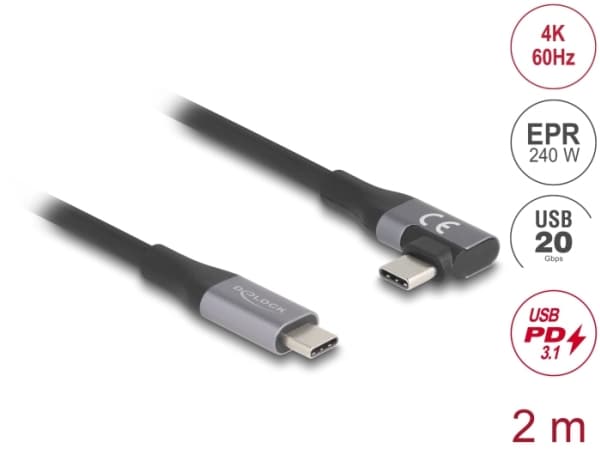 Delock - USB-kabel - 24 pin USB-C (hane) rak till 24 pin USB-C (hane) vänster-/högervinklad - USB 3.2 / Thunderbolt 3 - 48 V - 5 A - 2 m - utökat eff