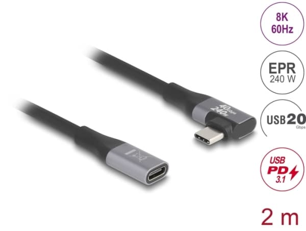 Delock - USB-forlengelseskabel - 24 pin USB-C (hann) venstre/høyre-vinklet til 24 pin USB-C (hunn) - USB 2.0 / USB 3.2 / USB4 / Thunderbolt 3 - 48 V