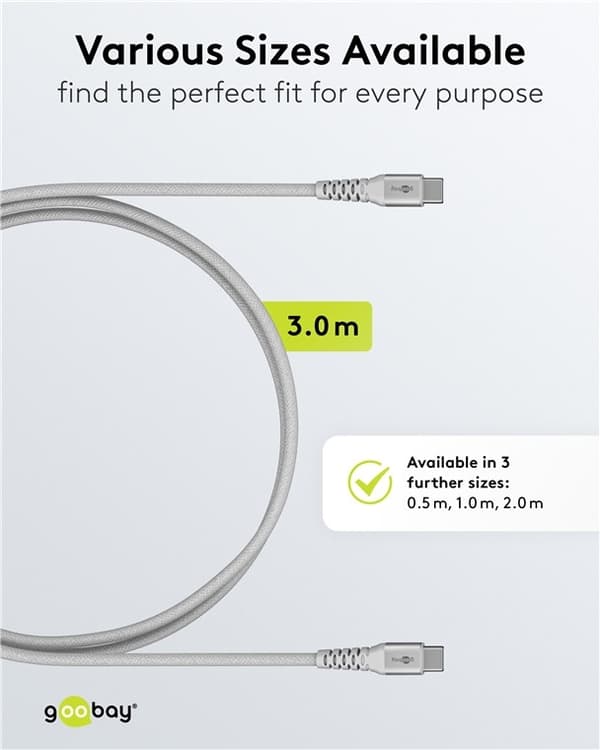 Goobay USB-C™ supermyk tekstilkabel med metallkontakter, 3 m, hvit Elegant og ekstra robust tilkoblingskabel for enheter med USB-C™-port