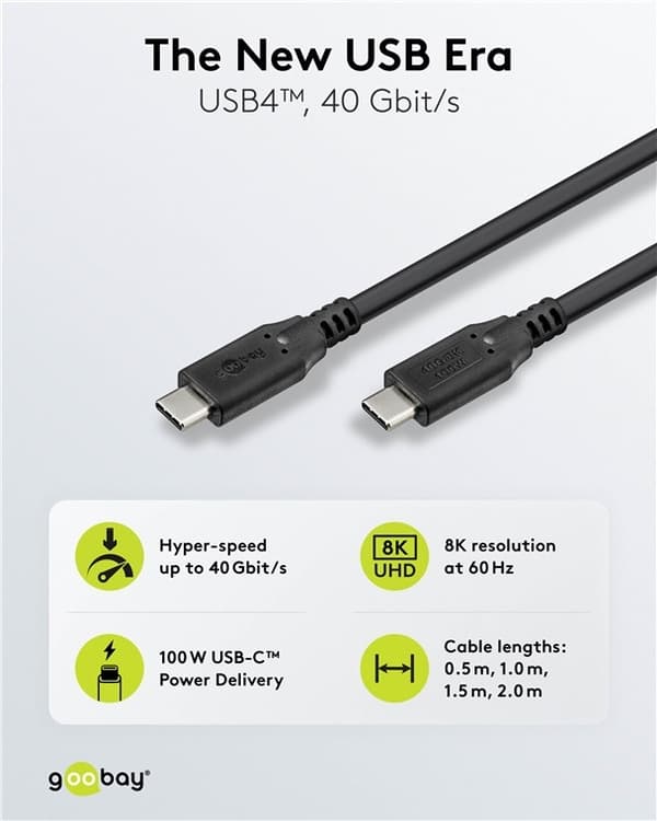 Goobay USB-C™-kabel, USB4™, 100 W, 40 Gbit/s, Power Delivery, 1,5 m USB-C™-kontakt > USB-C™-kontakt