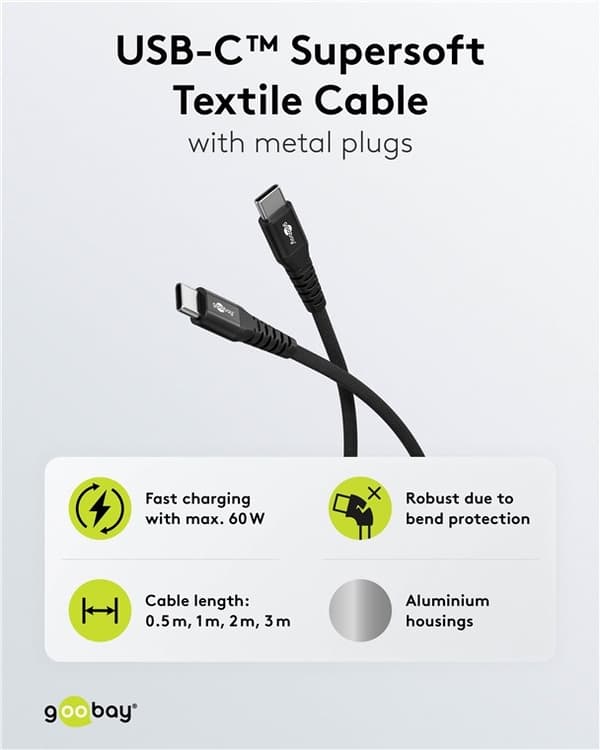 Goobay USB-C™ supersoft textilkabel med metallkontakter, 3 m, svart elegant och extra robust anslutningskabel för enheter med USB-C™-port
