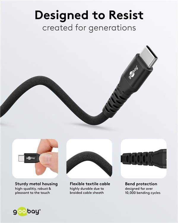 Goobay USB-C™ supersoft textilkabel med metallkontakter, 3 m, svart elegant och extra robust anslutningskabel för enheter med USB-C™-port