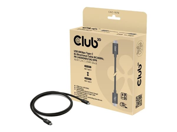 Club 3D - USB-kabel - 24 pin USB-C (hane) till 24 pin USB-C (hane) - USB4 - 48 V - 5 A - 1.2 m - stöd för strömleverans på upp till 240 W, dubbelrikt