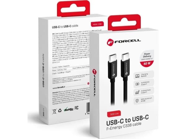 Kabel USB ForCell FORCELL F-ENERGY C338 kabel Typ C do Typ C PD QC4.0 3A 60W 3 m czarny