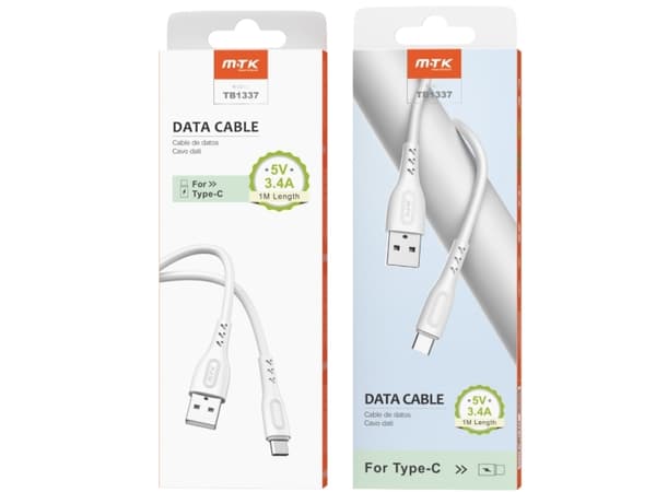 MTK USB 2.0 - USB-C-kabel, 5 V / 2,4 A, 1 M - Vit