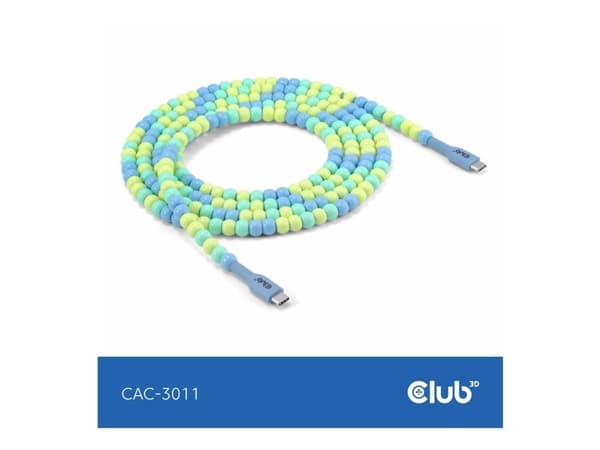 Club 3D - USB-kabel - 24 pin USB-C (hane) till 24 pin USB-C (hane) - 20 V - 3 A - 2 m - beaded cable - blå