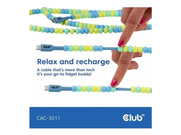 Club 3D - USB-kabel - 24 pin USB-C (hane) till 24 pin USB-C (hane) - 20 V - 3 A - 2 m - beaded cable - blå