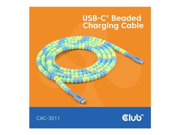 Club 3D - USB-kabel - 24 pin USB-C (hane) till 24 pin USB-C (hane) - 20 V - 3 A - 2 m - beaded cable - blå