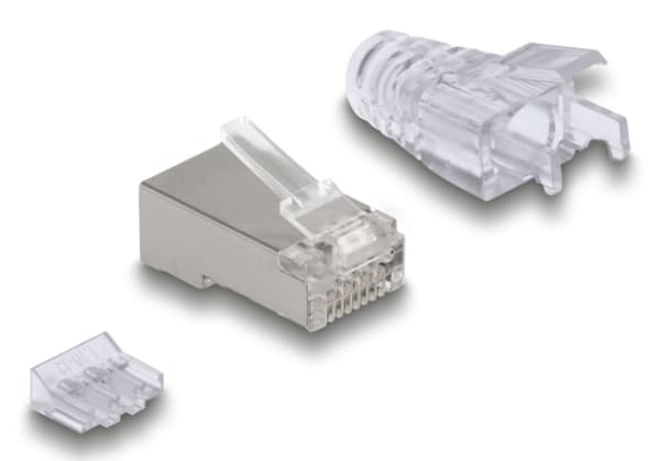 Delock RJ45 modulaarinen pistoke Cat.6A taivutussuojahylsyllä läpinäkyvä 50 kpl:n setti