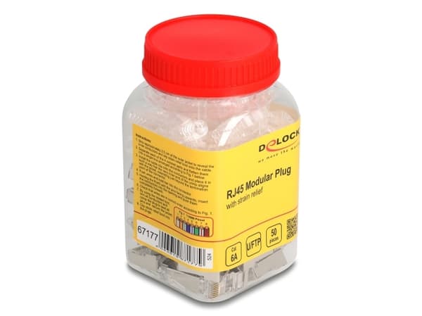 Delock RJ45 modulaarinen pistoke Cat.6A taivutussuojahylsyllä läpinäkyvä 50 kpl:n setti