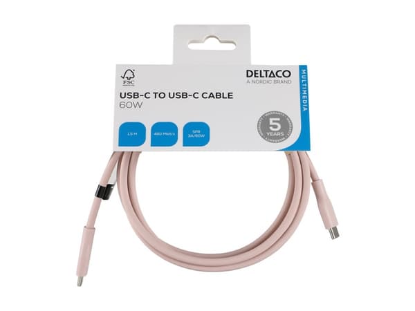 DELTACO Multimedia - USB-kabel - 24 pin USB-C (hane) till 24 pin USB-C (hane) - USB 2.0 - 3 A - 1.5 m - Snabbladdning upp till 60 W - rosa