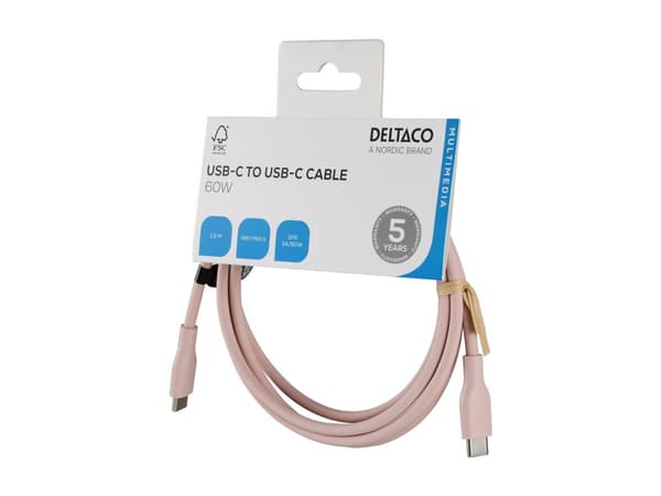 DELTACO Multimedia - USB-kabel - 24 pin USB-C (hane) till 24 pin USB-C (hane) - USB 2.0 - 3 A - 1.5 m - Snabbladdning upp till 60 W - rosa