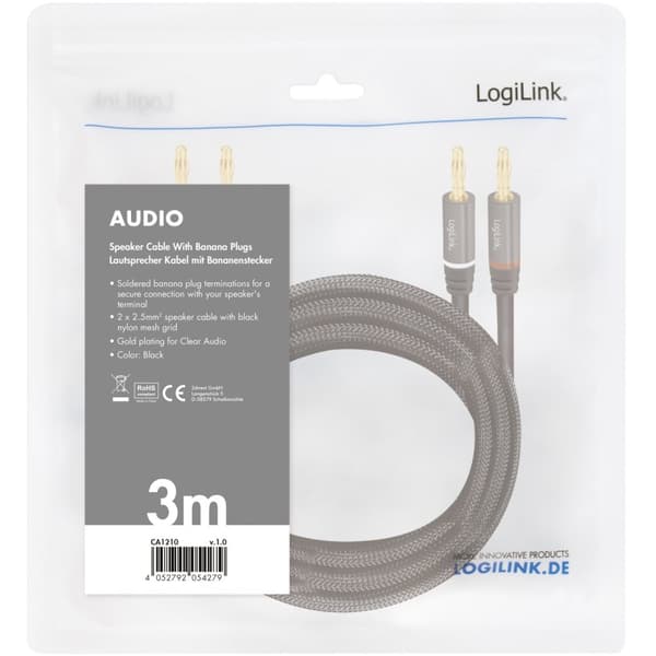 LogiLink Høyttalerkabel 2 x 2,5 mm² med banankontakter Svart 3 meter