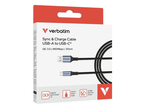 Verbatim 31843, 1,2 m, USB A, USB C, USB 2.0, 0,48 Gbit/s, Svart