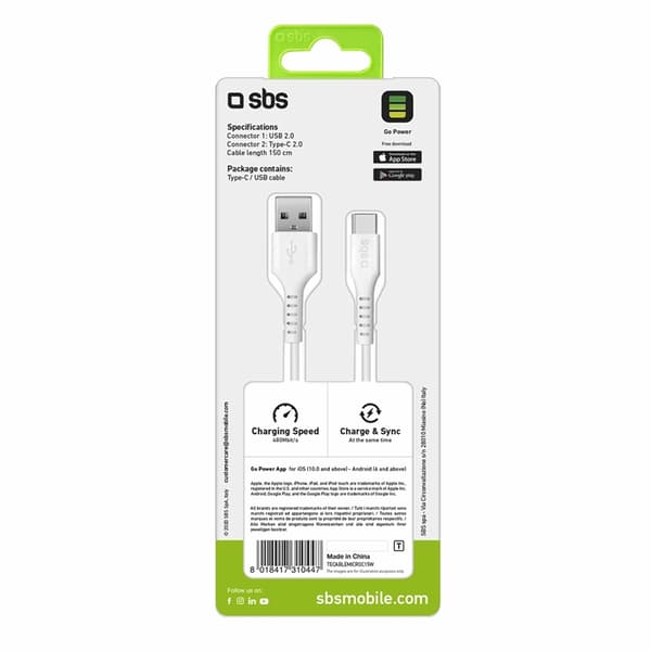 SBS USB-A - USB-C Kabel 1.5m - Vit