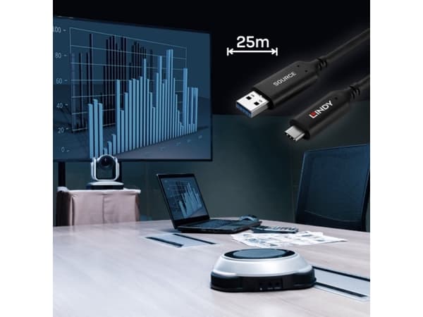 Lindy 43396, 25 m, USB A, USB C, USB 3.2 Gen 1 (3.1 Gen 1), 5 Gbit/s, Svart