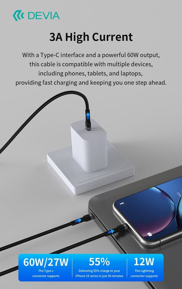 2i1 DEVIA USB-C till Lightning  (12W) + USB-C (60W) Snabbladdning kabel, 1.2m