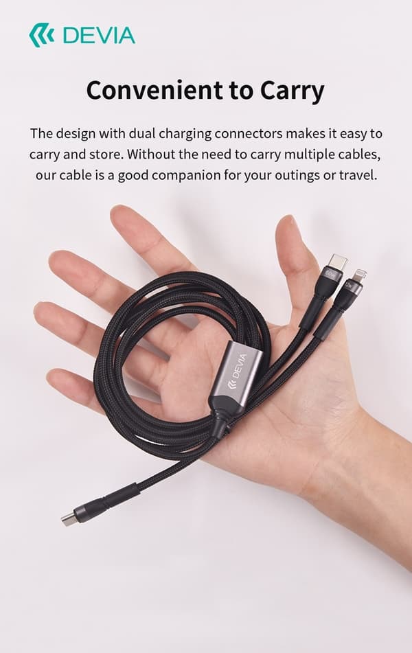 2i1 DEVIA USB-C till Lightning  (12W) + USB-C (60W) Snabbladdning kabel, 1.2m