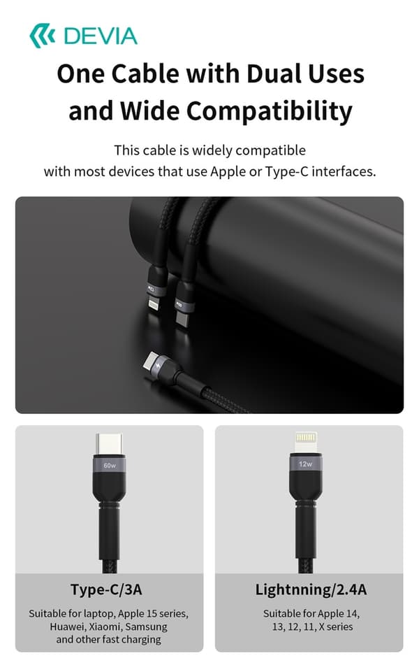 2i1 DEVIA USB-C till Lightning  (12W) + USB-C (60W) Snabbladdning kabel, 1.2m