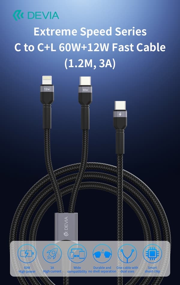 2i1 DEVIA USB-C till Lightning  (12W) + USB-C (60W) Snabbladdning kabel, 1.2m