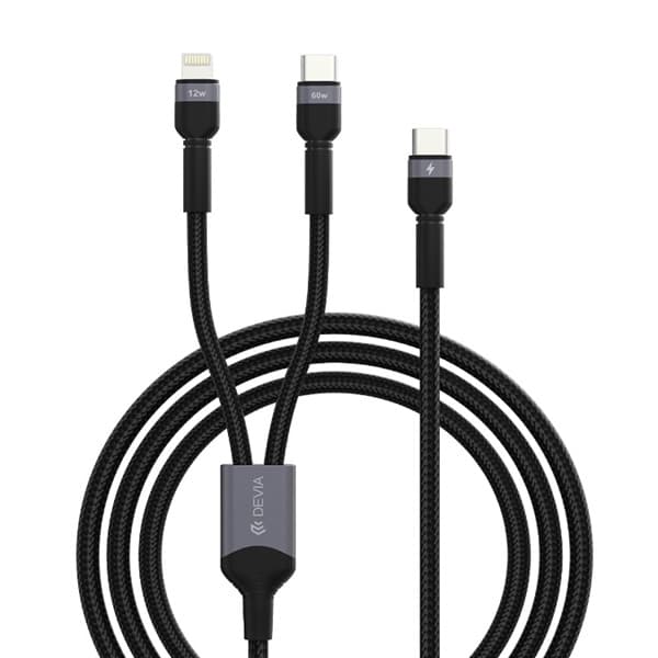 2i1 DEVIA USB-C till Lightning  (12W) + USB-C (60W) Snabbladdning kabel, 1.2m