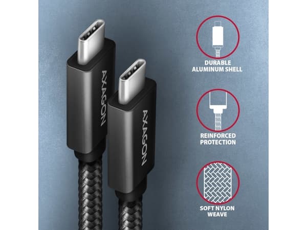AXAGON BUCM32-CM05AB, SPEED+ kabelis USB-C <-> USB-C, 0.5m, USB 20Gbps, PD 100W 5A, 4K HD, ALU, oplet, cerný