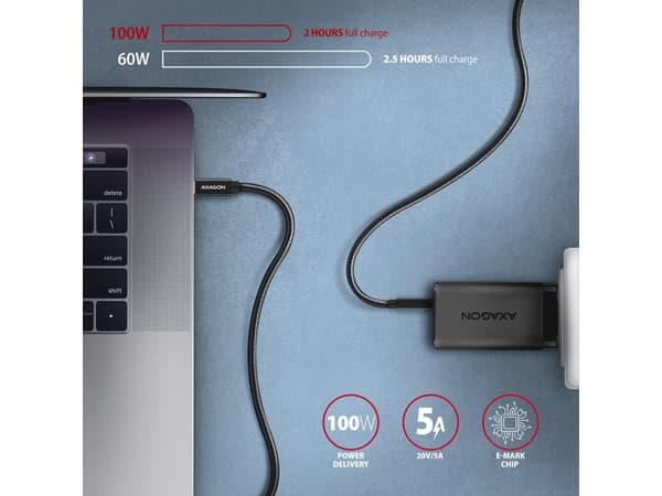 AXAGON BUCM32-CM05AB, SPEED+ kabelis USB-C <-> USB-C, 0.5m, USB 20Gbps, PD 100W 5A, 4K HD, ALU, oplet, cerný