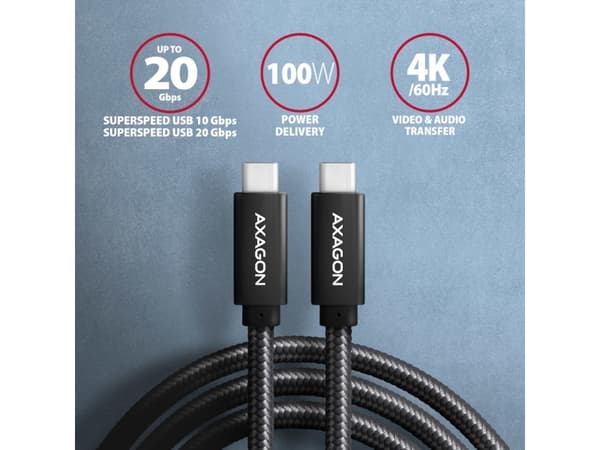 AXAGON BUCM32-CM05AB, SPEED+ kabelis USB-C <-> USB-C, 0.5m, USB 20Gbps, PD 100W 5A, 4K HD, ALU, oplet, cerný