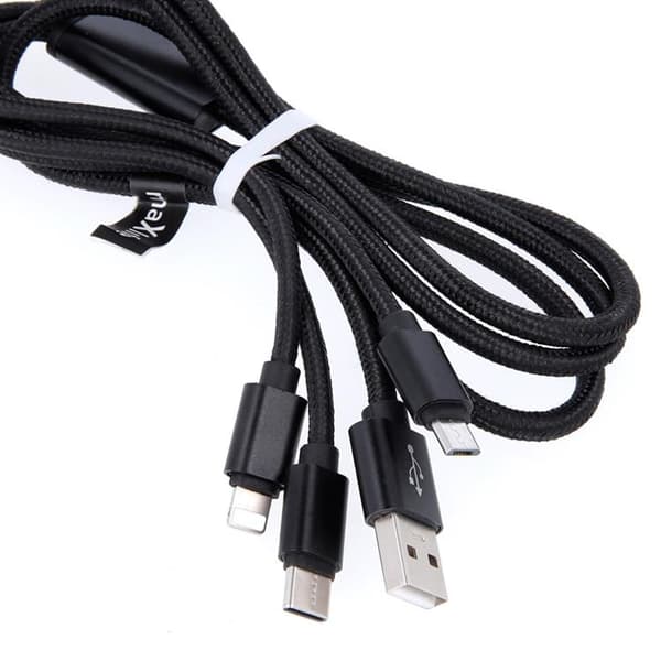 Maxlife 3in1 USB/MicroUSB/Lightning/Typ-C Kabel 1m 2.1A Nylon Svart