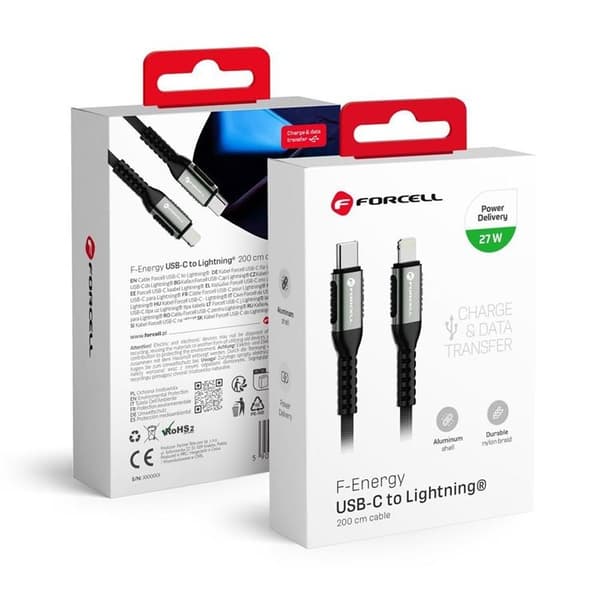 Forcell USB-C till Lightning Kabel 27W 2m PD 3A Cafule - Svart