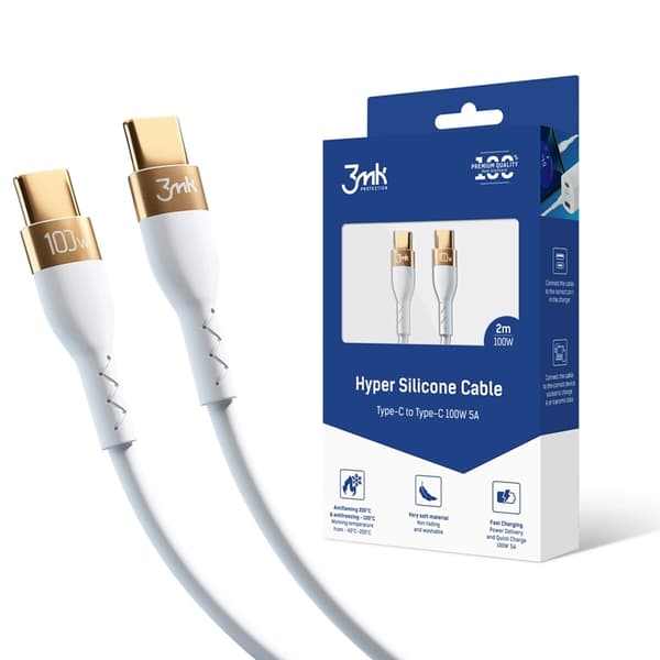 3mK USB-C till USB-C kabel 100W 2m HyperSilikon - Vit