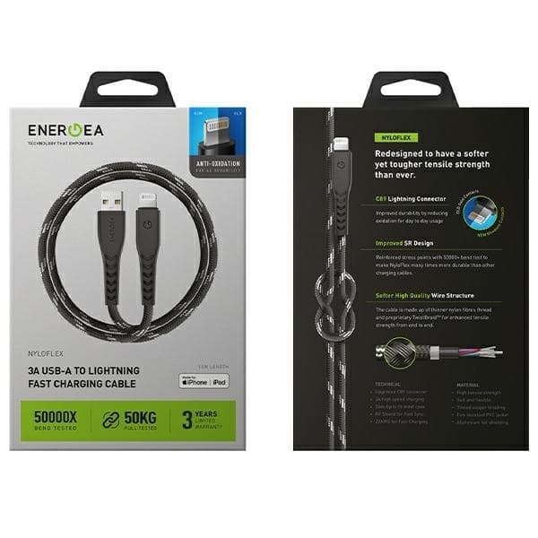 Energea USB-A till Lightning Kabel 1.5m MFI Nyloflex C89 - Svart