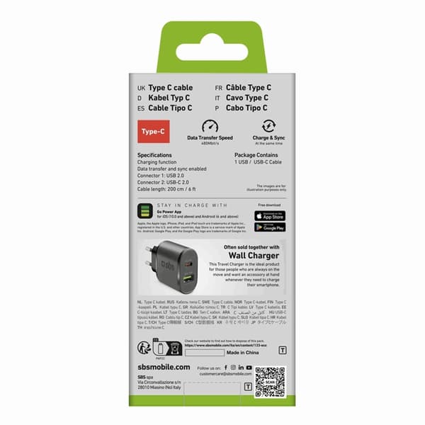 SBS USB-A - USB-C Kabel 2m - Svart