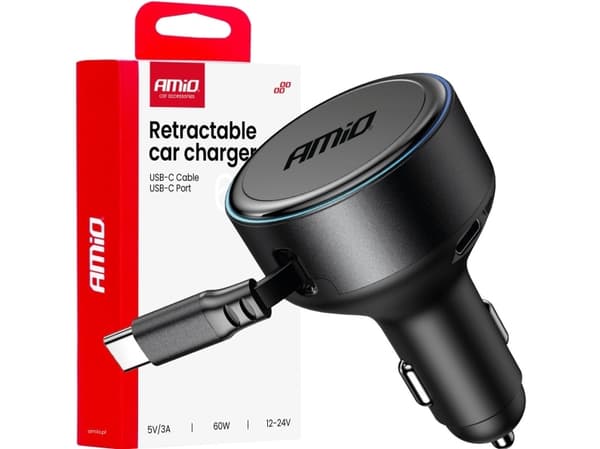 Billader med uttrekkbar kabel type c + usb-c 12v 24v 60w amio-04368