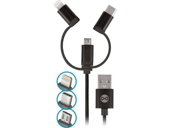 Datakabel Forever 3in1 USB/microUSB, Lightning, USB-C 1m 1,5A svart
