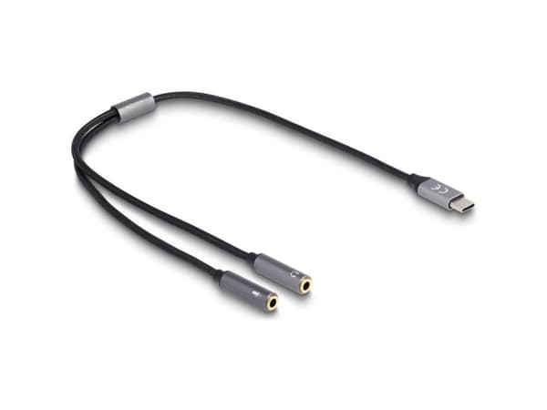 DeLOCK Headset Adapter USB Type-C male DAC 24 Bit / 96 kHz Hi-Res to 2 x 3.5 mm 3 pin Stereo jack female, Cable, Anthracite, Black