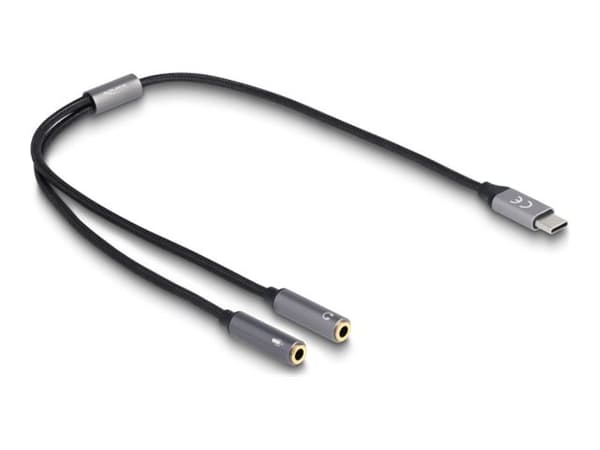 DeLOCK Headset Adapter USB Type-C male DAC 24 Bit / 96 kHz Hi-Res to 2 x 3.5 mm 3 pin Stereo jack female, Cable, Anthracite, Black