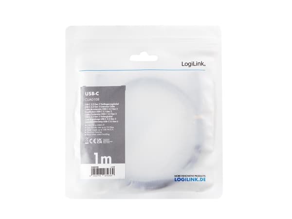 LogiLink CUA0108, 1 m, USB C, USB C, USB 3.2 Gen 2 (3.1 Gen 2), 10 Gbit/s, Sort, Grå