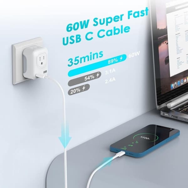 1 x 60W Snabbladdningskabel USB-C - USB-C F iPhone 15 /16 Samsung mm