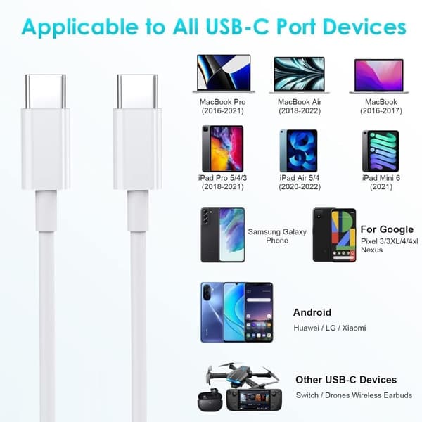 1 x 60W Snabbladdningskabel USB-C - USB-C F iPhone 15 /16 Samsung mm